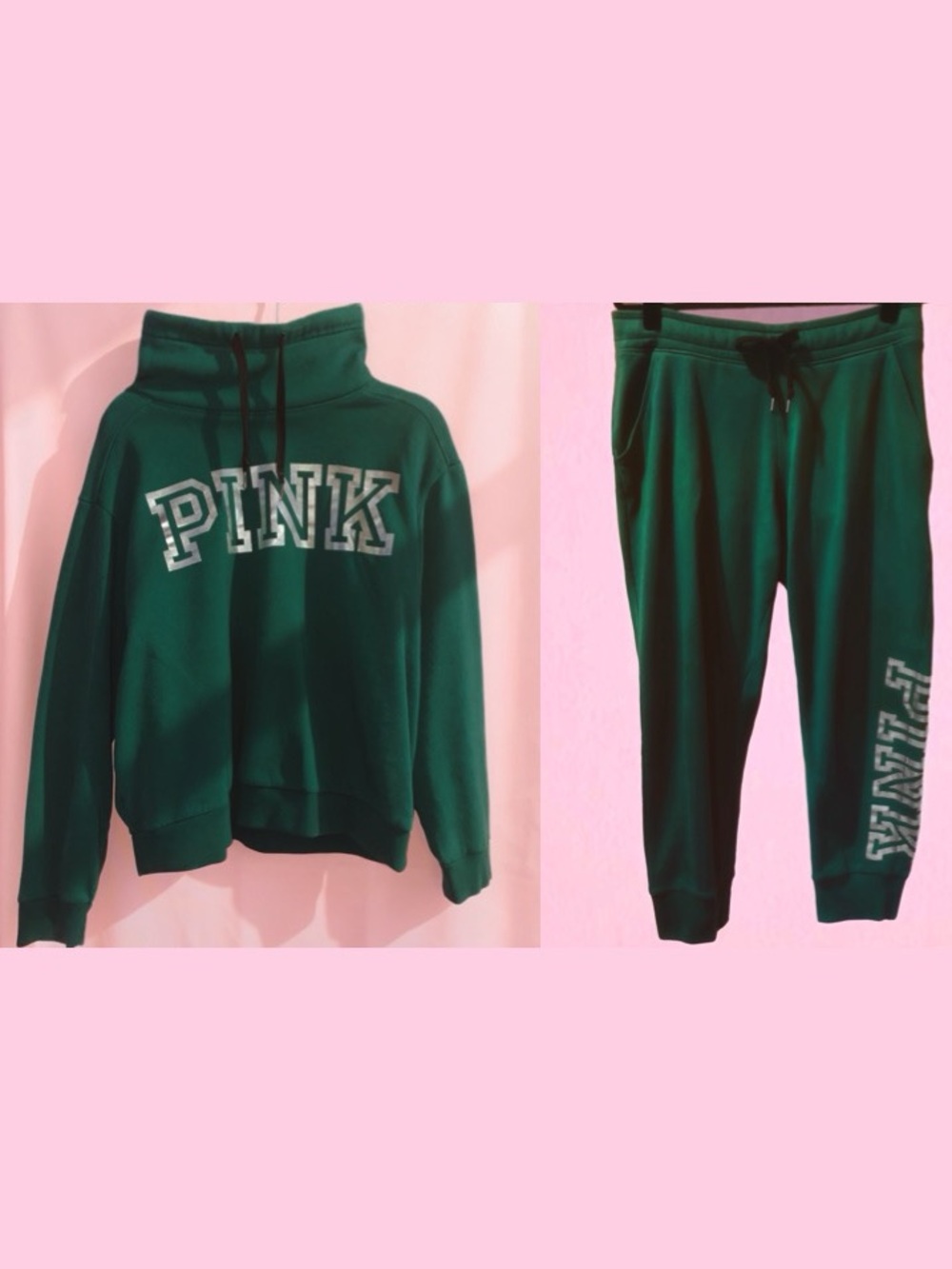 Victoria’s Secret Green Hunt Silver Metallic PINK Lounge Sweatshirt Jogger Large
